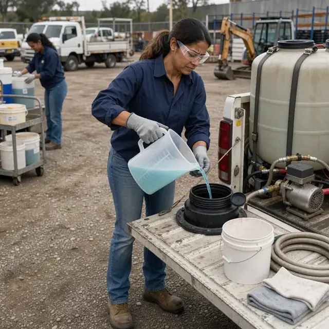 a worker pouring measured cleaning solution from a jug into a tank on the back of a truck in an equipment yard