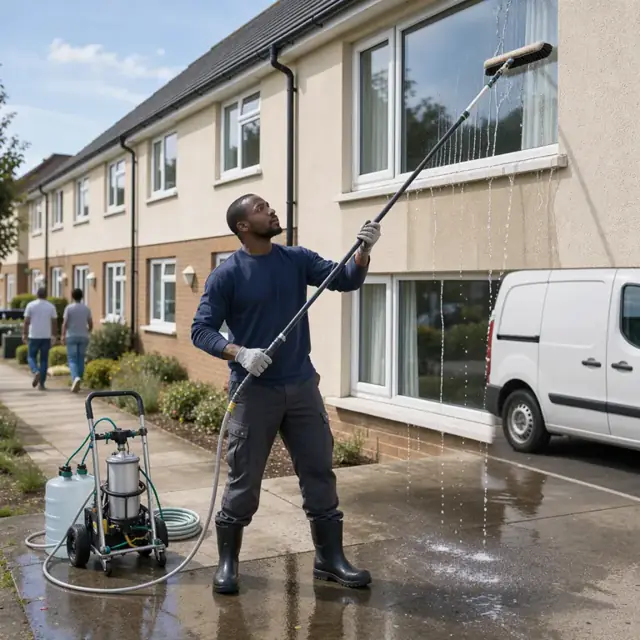 a worker using a long-reach water-fed pole to clean upper windows of a residential building on a clear day