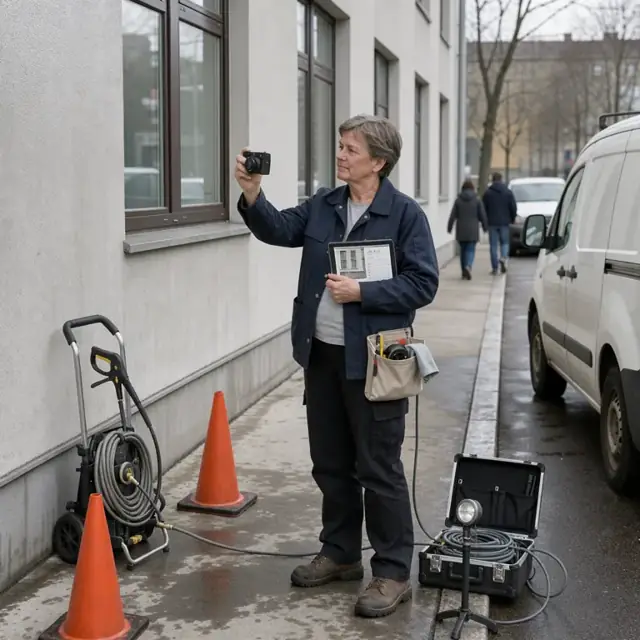 a worker photographing the clean exterior of a building facade while holding a tablet for documentation