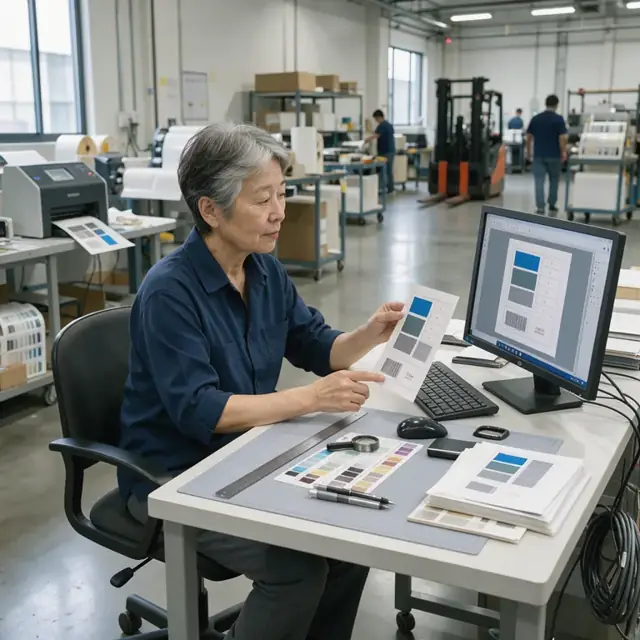 a worker comparing a printed product label against a digital proof on a computer monitor at a clean desk