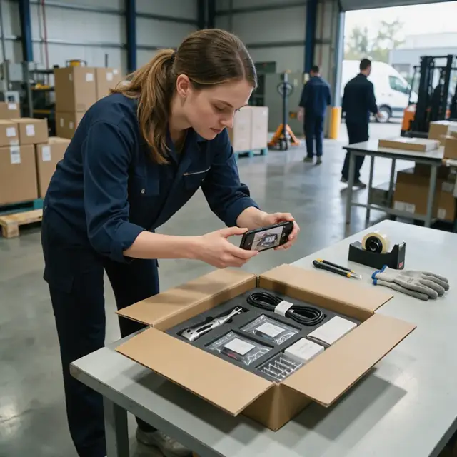 a worker photographing a completed product kit inside an open shipping box on a white inspection table