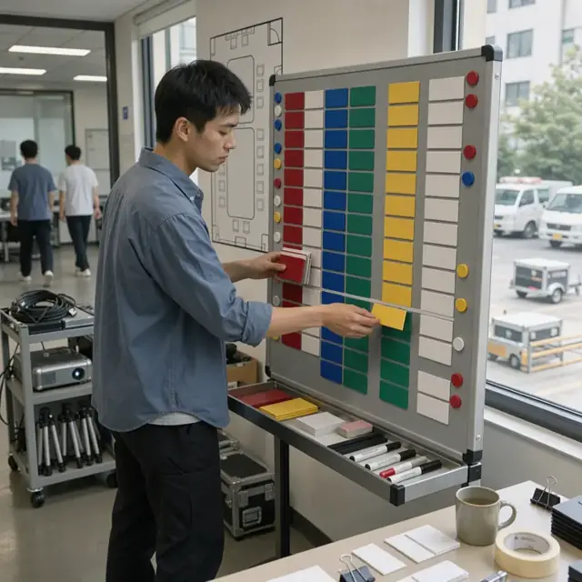 a worker arranging color-coded session cards on a large magnetic scheduling board in front of a conference room diagram