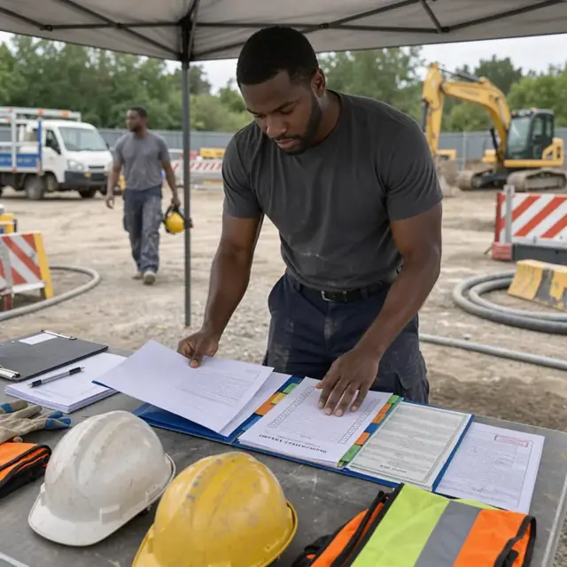 a worker organizing printed permits, insurance certificates and safety checklists into a folder on a table beside hard hats and safety vests