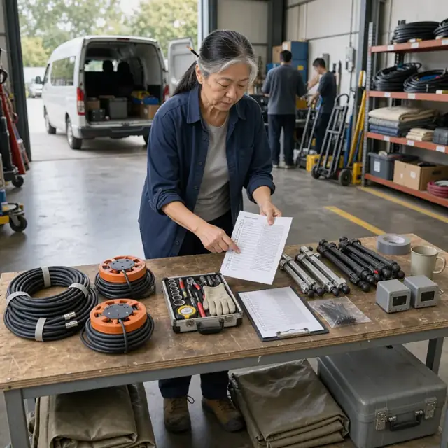 a worker at a workbench comparing a printed contract checklist against equipment laid out for an upcoming setup job