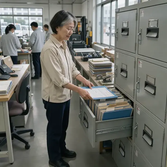 a worker filing thick folders of manifests and permits into a fireproof cabinet in an office