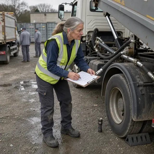a driver in a reflective vest performing a pre-trip inspection on a roll-off truck with a checklist attached to a clipboard