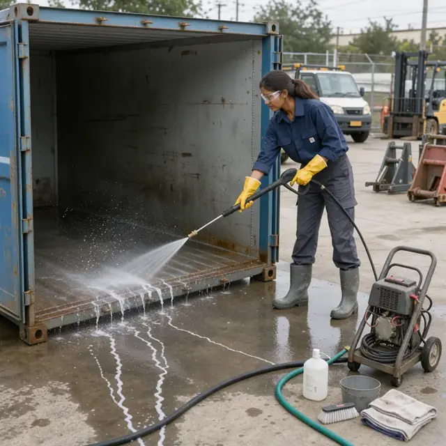 a technician pressure-washing an empty roll-off container in an equipment yard with hoses and cleaning supplies nearby