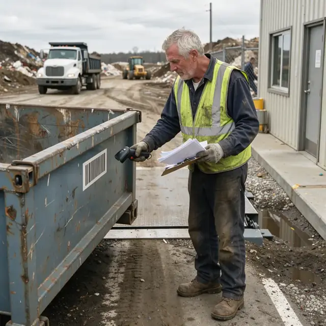 a worker in safety vest scanning a barcode on a roll-off container at a landfill scale house with paperwork in hand