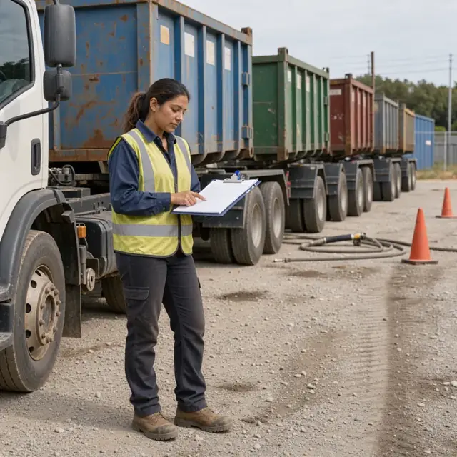 a yard manager standing beside a row of loaded roll-off trucks checking a clipboard route sheet with containers lined up behind