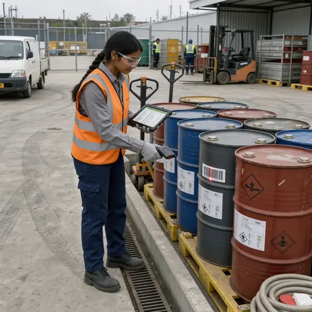 a worker scanning barcoded hazardous waste drums and updating a digital manifest on a tablet at a secure storage yard