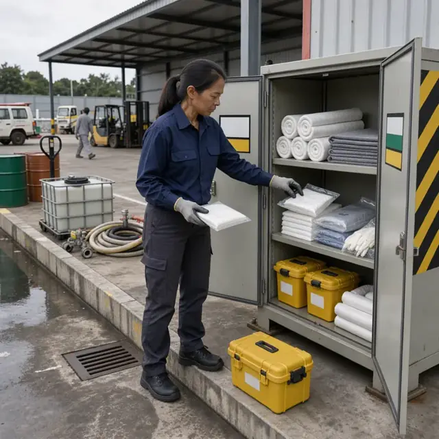 a worker inspecting spill response kits and absorbent materials stored in a marked cabinet beside a hazardous waste transfer station