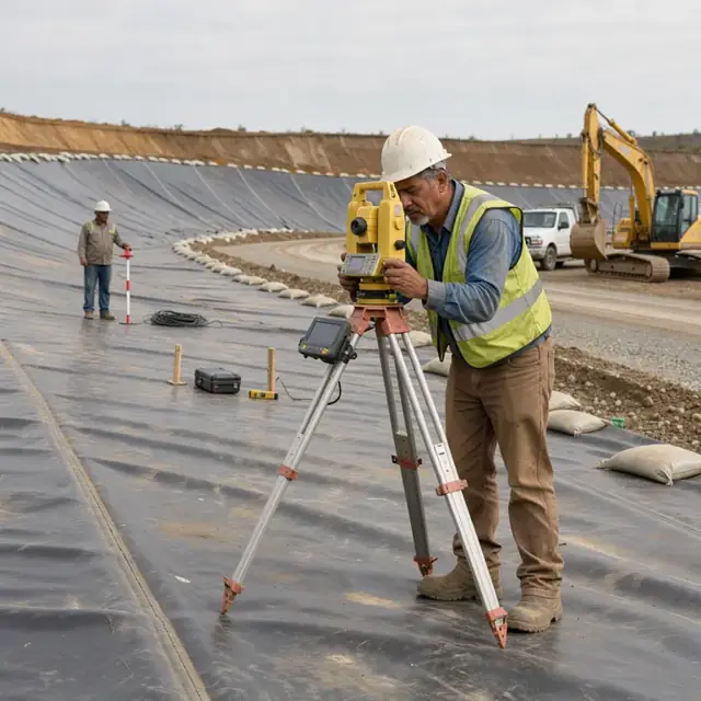 a worker surveying grades with a total station on a prepared landfill liner