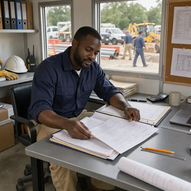 a worker reviewing reports and permit documents at a desk inside a site office trailer