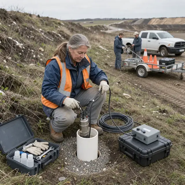 a worker lowering a groundwater sampling pump into a monitoring well on a landfill slope