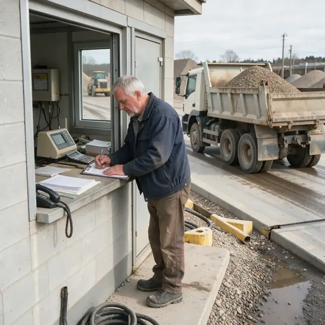a worker at the scale house window recording weight from a loaded dump truck on the concrete platform