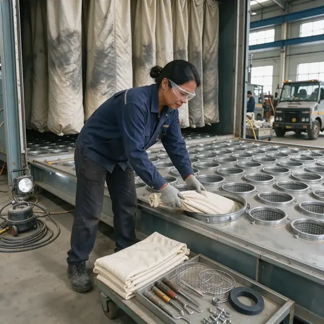 a mechanic wearing gloves and safety glasses replacing filter bags inside a large fabric filter baghouse