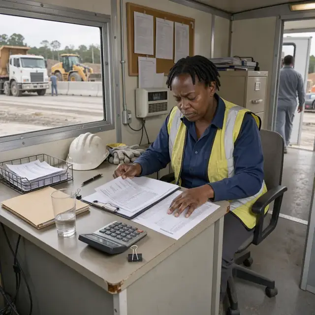 a worker reviewing printed weight tickets and manifests at a desk inside a site office trailer