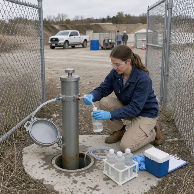 a worker collecting a water sample from a groundwater monitoring well surrounded by chain-link fencing at an outdoor waste site