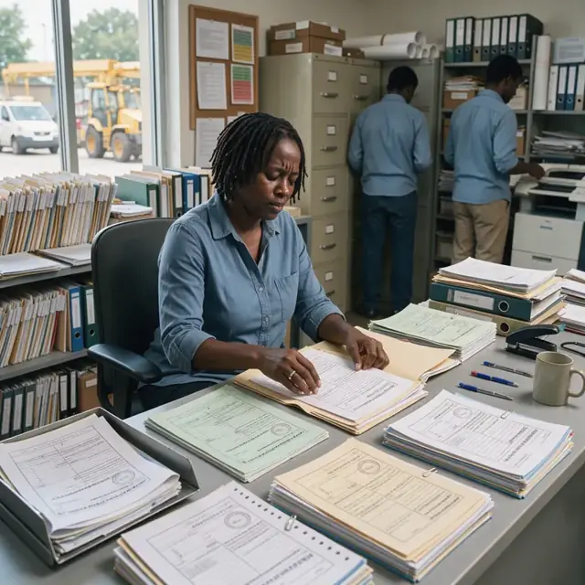 a worker at a desk sorting through stacks of permit forms, calibration certificates and waste manifest copies in a file-filled office