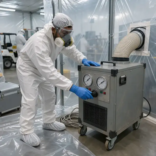 a worker in full PPE inside a sealed containment area checking negative air pressure gauges on a large HEPA machine