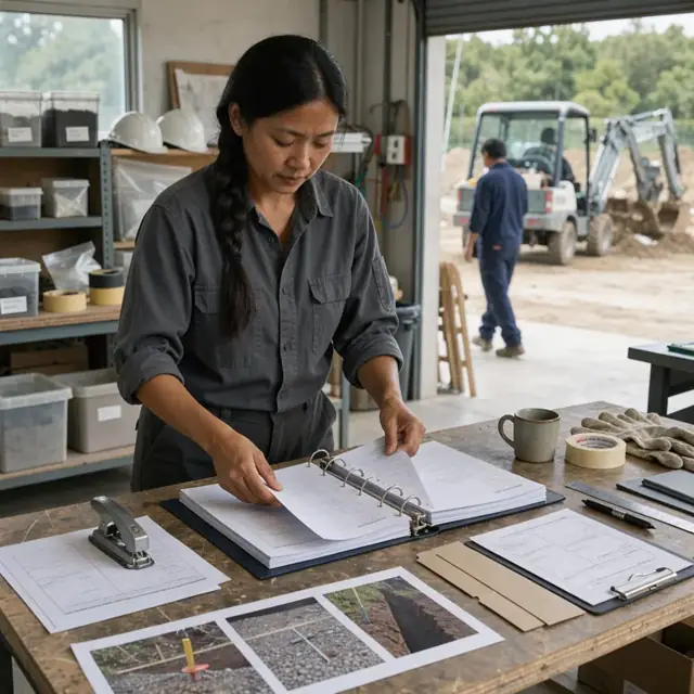 a worker at a workbench arranging printed laboratory reports, site photographs and permit forms into a project binder