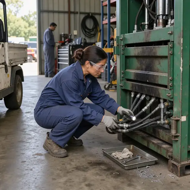 a worker in coveralls checking the hydraulic hoses on a baler during a maintenance check in the equipment bay