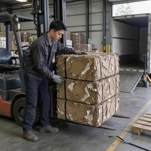 a worker checking a stack of strapped bales on a forklift before loading onto a waiting trailer at the dock