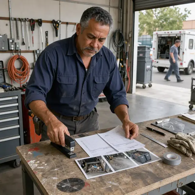 a worker at a workbench attaching printed job photos and a disposal manifest to a completed service invoice
