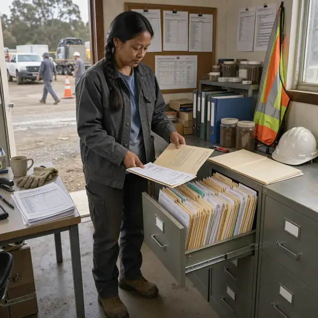a worker organizing manila folders containing permits, manifests and soil test reports inside a metal filing cabinet at the yard office