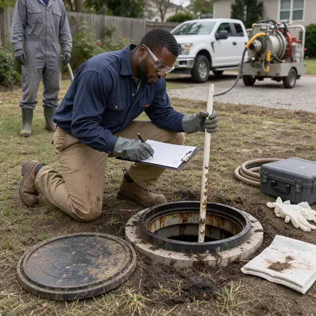 a worker kneeling at an open septic tank riser taking a sludge measurement with a measuring pole and writing on a weatherproof clipboard