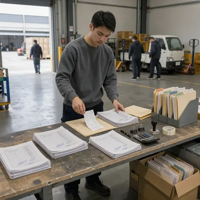 a worker at a workbench organizing stacks of signed manifests and scale tickets into labeled folders