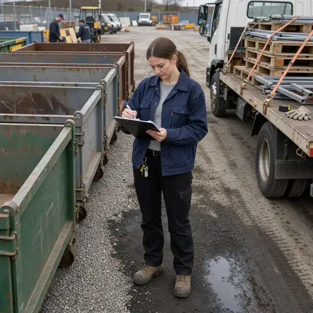 a yard manager standing beside a row of empty roll-off containers checking paperwork on a clipboard next to a loaded flatbed truck