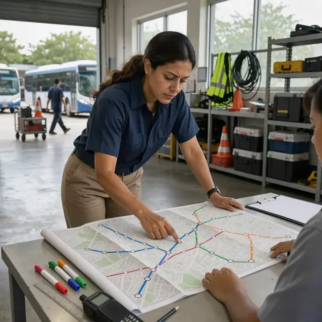a transportation coordinator reviewing a large paper map with colored route lines and bus stop markers spread across a table