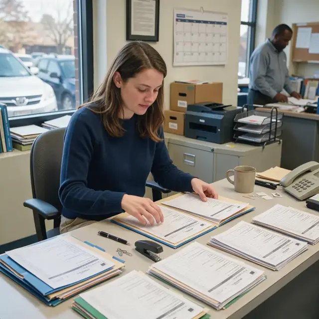 a school office desk with stacked enrollment folders, immunization forms and class rosters next to a wall calendar