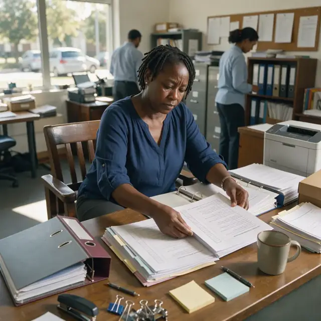an administrator at a large wooden desk organizing stacks of accreditation binders and printed compliance checklists in a sunlit office