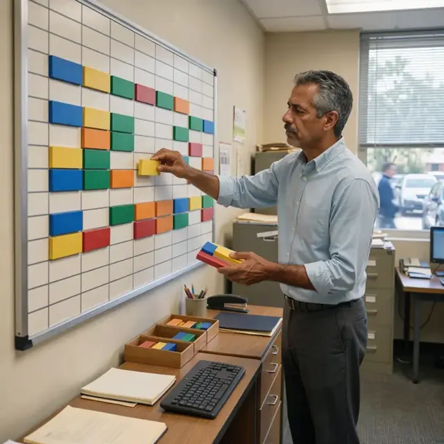 an administrator arranging color-coded class blocks on a large wall-mounted scheduling board in a quiet office
