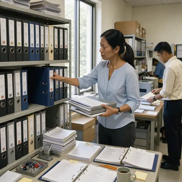 an administrator organizing binders of course syllabi, assessment rubrics and faculty credentials on shelves in a dedicated accreditation office