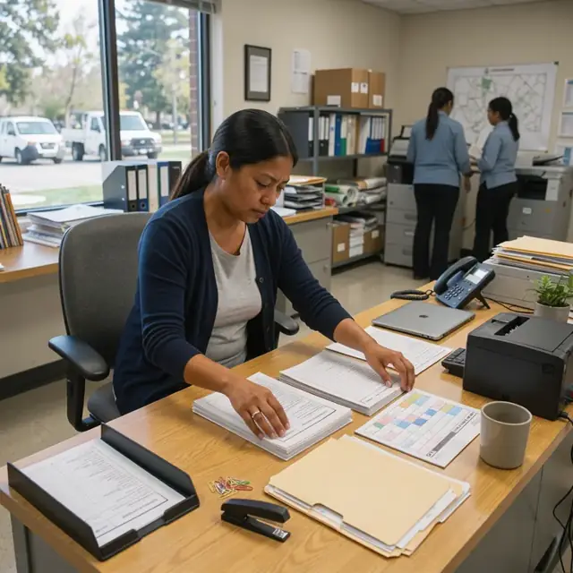 a staff member at a desk arranging permit application forms, inspection logs and renewal calendars in a campus administrative office