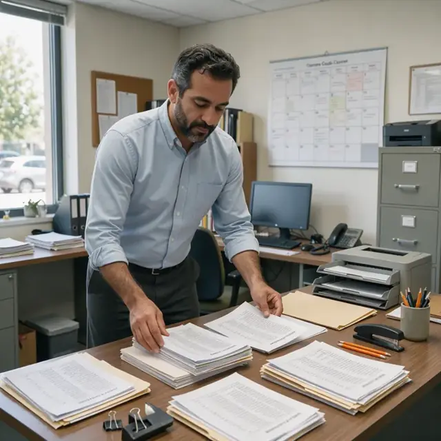 a department administrator arranging printed course lists and faculty CVs on a large table next to a wall calendar in an academic office
