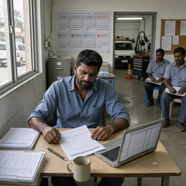 a desk with application forms, a laptop open to a digital roster, and a wall calendar showing quarterly class start dates