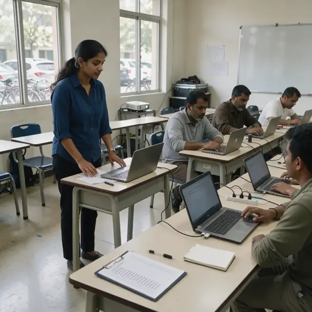 an instructor at the front of a classroom observing participants working on laptops while a checklist of names and scores sits on the table