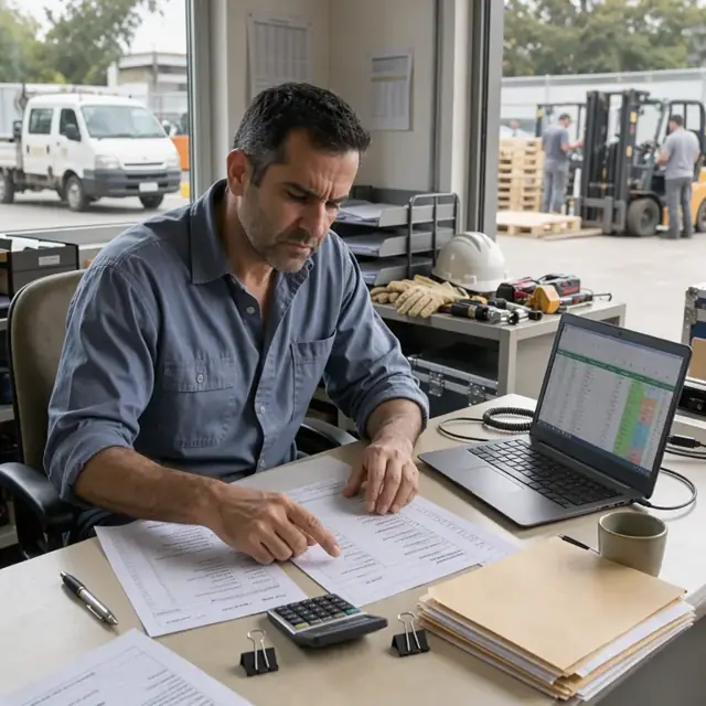 a coordinator reviewing printed invoices and purchase orders spread across a desk with a laptop showing payment tracking spreadsheet