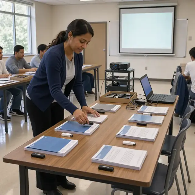 a coordinator arranging printed workbooks, usb drives and loaner laptops on a table in a training room with a projector ready