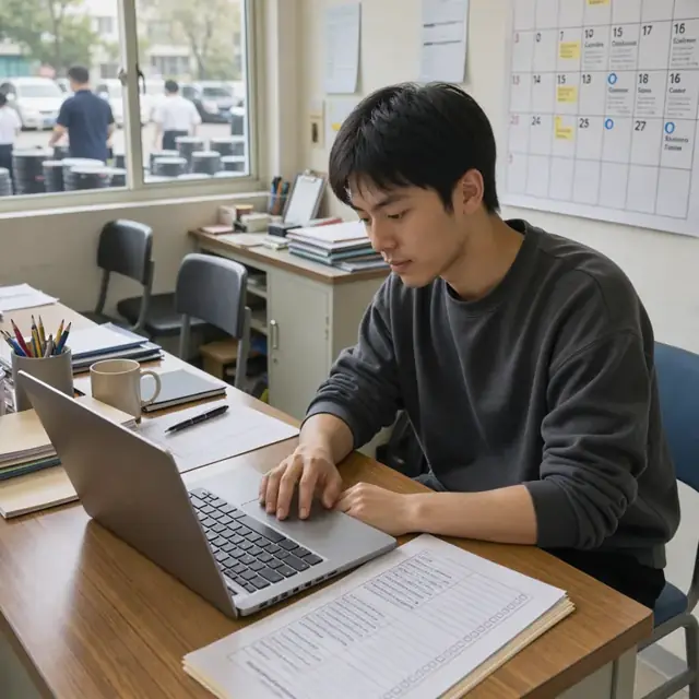 a coordinator at a desk reviewing class enrollment forms on a laptop next to a wall calendar marked with upcoming sessions