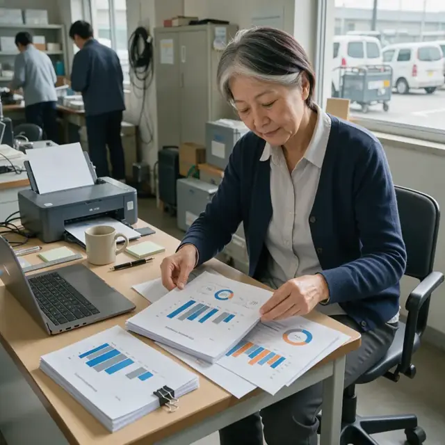 a manager preparing a printed training summary report and evaluation graphs for an upcoming client review meeting