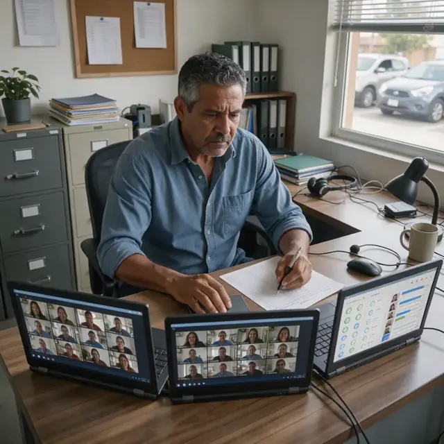 a coordinator monitoring multiple laptop screens showing virtual classroom participants and attendance dashboards in a quiet office