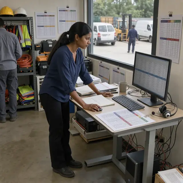 a coordinator at a standing desk reviewing client requirement notes on a large monitor next to printed competency frameworks