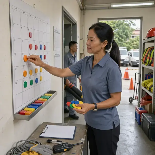 a coordinator updating a large wall calendar with colored magnets representing different instructors and training locations