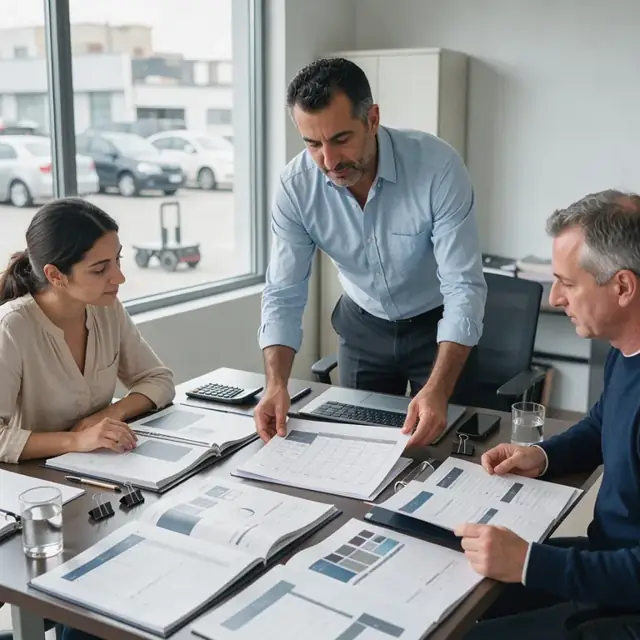 a manager arranging printed proposal pages, rate sheets and sample workbook spreads across a conference table