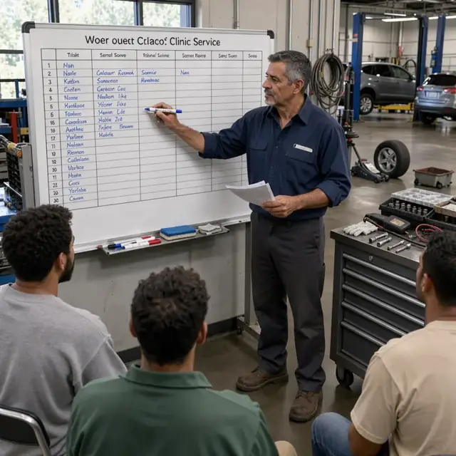 an instructor standing at a large wall-mounted dry-erase board filling in student names for upcoming clinic service slots